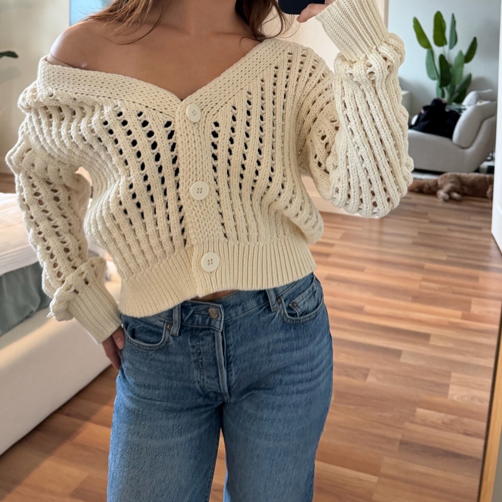 Steve Madden Cream V-Neck Button Front Open-Knit Sweater - Picture 2 of 14